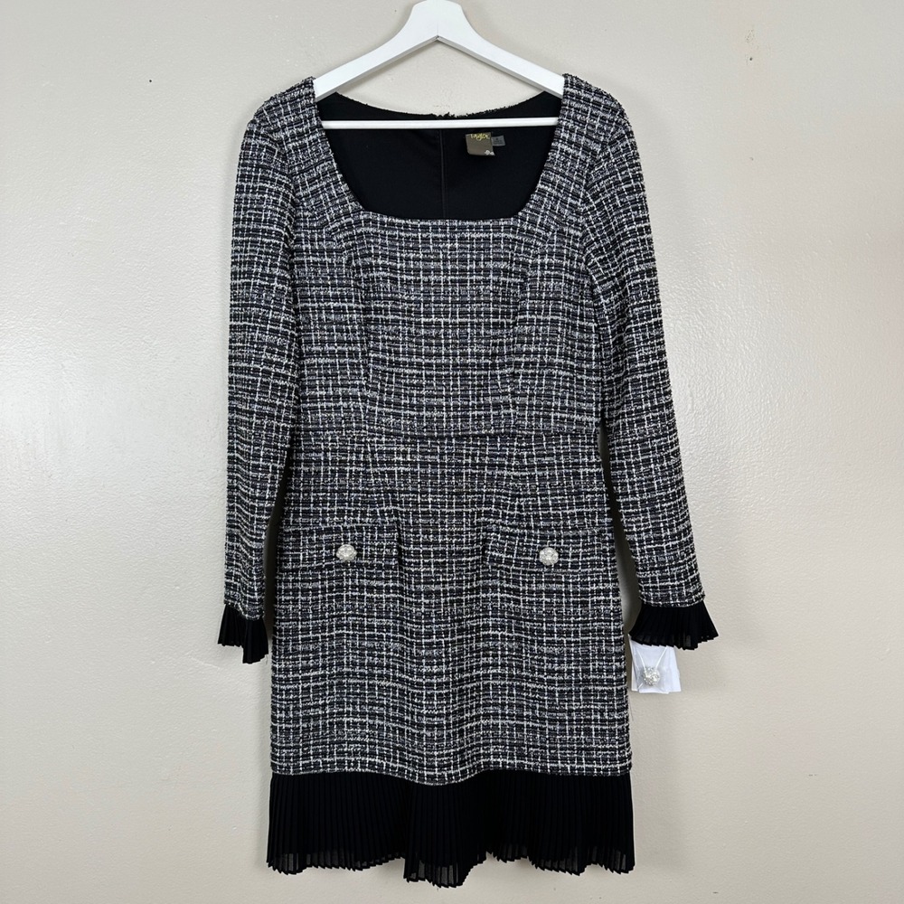Taylor Women's 8 Sheath Dress Black Ivory Tweed Pleated Trim NEW‎